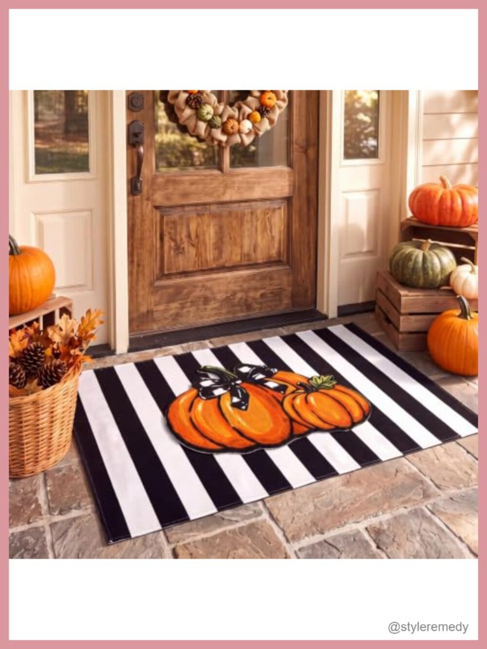 2pc Fall Layered Doormat Set Pumpkin Striped Outdoor Welcome Mats